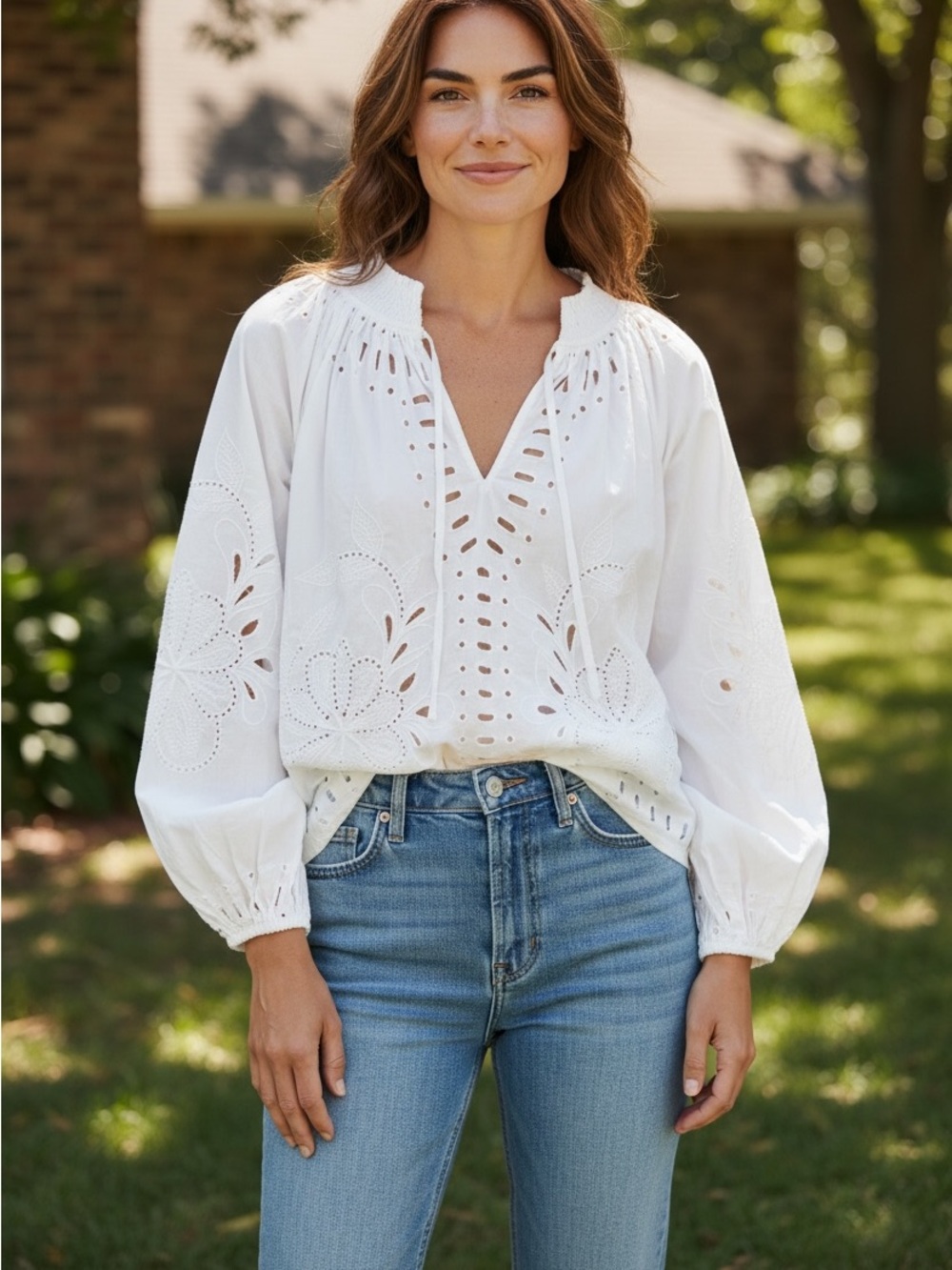 Rails Lucinda White Eyelet Embroidered Cotton Boho Peasant Blouse S